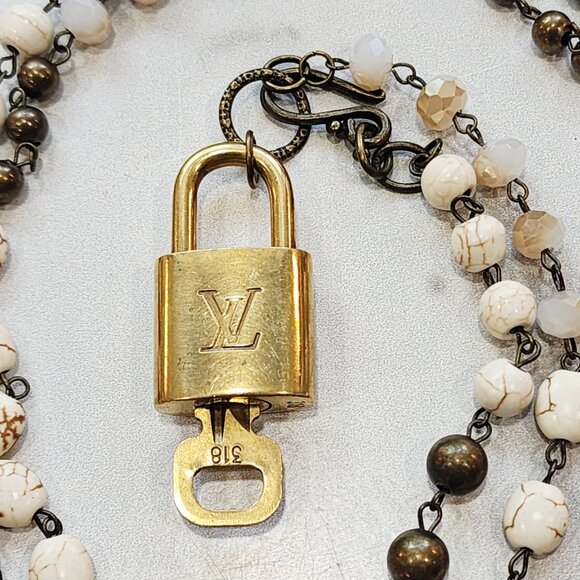 Louis Vuitton Gold Padlock & Key Neutral Beaded Statement Necklace - Picture 6 of 7
